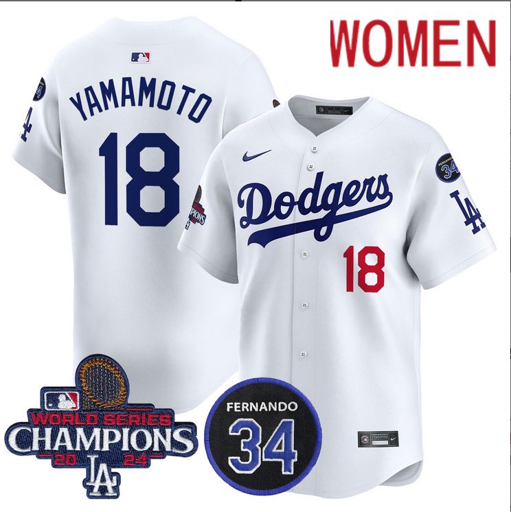 Women MLB Los Angeles Dodgers #18 Yamamoto white 2024 World Series Champions Patch Limited Jersey